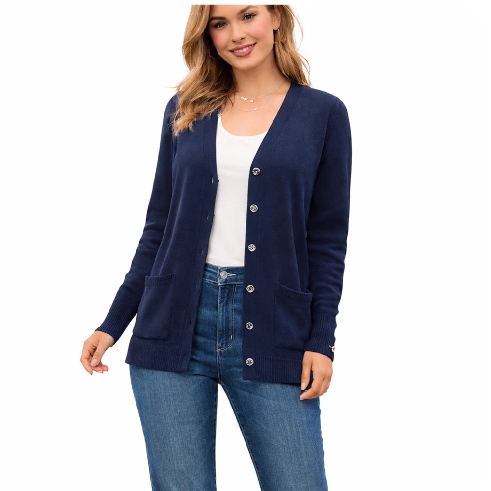 Christopher & Banks Navy Blue Button Front Cardigan Sweater Medium Cotton Blend